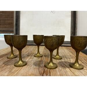 Vintage Etched Brass Goblets Set of 6 | Mid Century Floral Pattern Chalice Cups